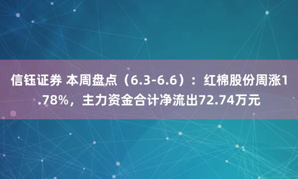 信钰证券 本周盘点（6.3-6.6）：红棉股份周涨1.78%，主力资金合计净流出72.74万元